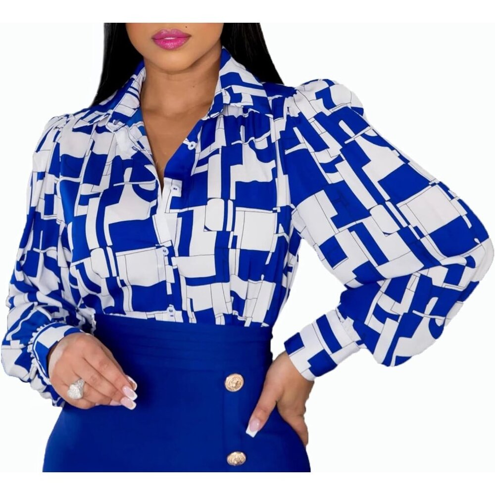 Women White Blue Button Down Shirt Colorful Long Sleeve Floral Print Sexy TShirt